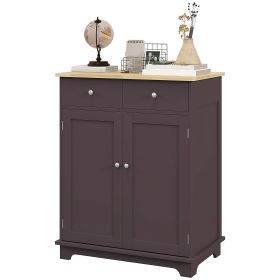 Sideboard Floor Cupboard with Solid Wood Top, Adjustable Shelf and 2 Drawers Versatile Kitchen Storage Cabinet