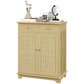 Kitchen Storage Cabinet, Sideboard Floor Cupboard with Solid Wood Top, Adjustable Shelf, and 2 Drawers, Natural