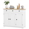 Sideboard with Solid Wood Countertop, Kitchen Storage Cabinet, Coffee Bar Cabinet with Drawers, Doors and Adjustable Shelf, White
