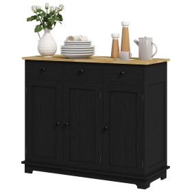 Sideboard with Wood Countertop, Kitchen Storage Cabinet, Coffee Bar Cabinet with 3 Drawers, Doors and Adjustable Shelf, Black