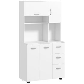 66" Buffet with Hutch, Freestanding Kitchen Pantry with 2 Large Cabinets, 1 Pull Up Cabinet, 3 Drawers, White