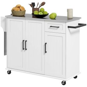 Rolling Kitchen Island with Stainless Steel Countertop, Drawer, 3 Cabinets, Spice & Towel Rack, White