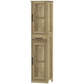 Farmhouse Linen Closet with Drawer, 67" Tall Bathroom Storage Cabinet with Barn Doors and Adjustable Shelves, Gray
