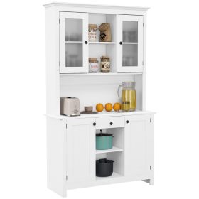 Freestanding Rustic Buffet with Hutch, Kitchen Pantry Cabinet, Microwave Stand with Beadboard Panel, Drawer and Adjustable Shelves, White