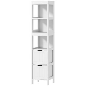 Narrow Bathroom Storage Cabinet, Bathroom Cabinet with 2 Drawers & 3 Open Shelves, Slim Bathroom Floor Cabinet, White