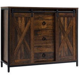 Buffet Kitchen Cabinet, Kitchen Sideboard Cabinet with Barn Doors, 3 Drawers and Adjustable Shelves for Living Room, Rustic Brown