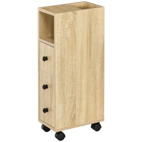 Freestanding Compact Design Bathroom Cabinet with 2 Open Cabinets 1 Door Cabinet 1 Drawer and 4 Rolling Wheels Oak Grain Color
