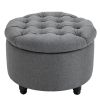 Storage Ottoman Bench Round Button Tufted Linen-touch Grey for Living Room Bedroom