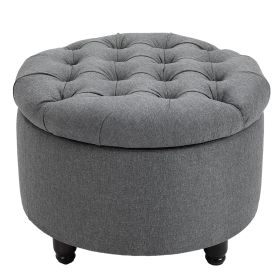 Storage Ottoman Bench Round Button Tufted Linen-touch Grey for Living Room Bedroom
