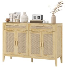 Kitchen Sideboard Cabinet, Boho Entryway Cabinet with Decorative Rattan Doors and Drawers for Dining Room, Oak