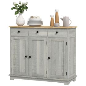 Kitchen Storage Cabinet, Sideboard with Solid Wood Top, Adjustable Shelf, 3 Drawers, Light Gray