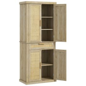72" Kitchen Pantry Storage Cabinet with Rattan Doors, Drawer, 5-Tier Shelf and Adjustable Shelves, Oak