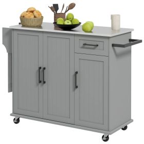 Moveable Kitchen Island with Storages, Movable Kitchen Cart w/ 3 Cabinets & Stainless Steel Countertop, Elegant Storage Trolley for Dining, Gray