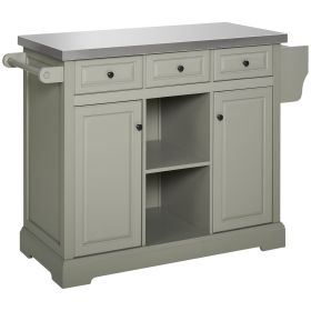 Kitchen Island, Gray, on Wheels with Stainless Steel Top, Spice Rack, Drawers, Utility Portable Multi-Storage Cart