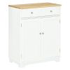 Kitchen Storage Cabinet, Sideboard Floor Cupboard with Solid Wood Top, Adjustable Shelf & 2 Drawers for Living Room, Hallway, White