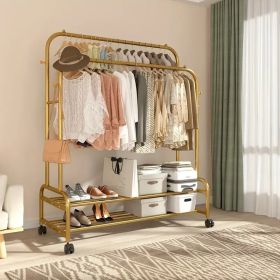 Sturdy Metal Double Rod Garment Rack with Wheels Portable Clothes Rack with Shelves and Hooks Heavy Duty Hanging Organizer for Clothes Bedroom Laundry