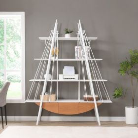 Sailboat-Inspired Bookshelf, 70.87 inch Industrial 4-Tier Open Storage Shelf with Drawer, Wooden & Metal Freestanding Bookcase