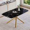 63"x35.4" Luxurious Black Marble-Patterned Tempered Glass Dining Table.Single Fork Golden Metal Table Legs.Tempered Glass Table Top