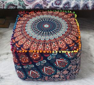 Square Patchwork Traditional Pouf Cover Indian Living Room Poufs Cover Decorative Designer Ottoman Home Living Footstool Pom Ottoman Cover Decor
