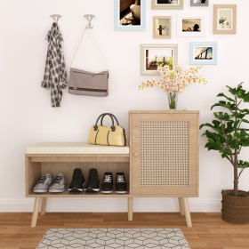 2-in-1 Shoe Storage Bench, Natural Rattan Shoe Cabinet with 2 Adjustable Shelves and Removable Seat Cushion, Modern Entryway Bench