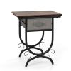 Side Table with Fabric Drawer and Carved Metal Frame for Living Room