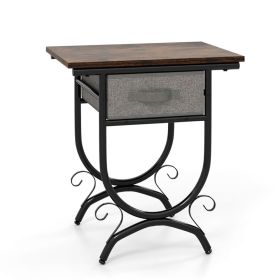 Side Table with Fabric Drawer and Carved Metal Frame for Living Room