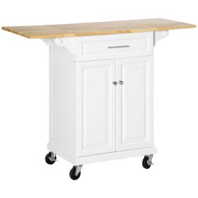 Kitchen Island with Drop Leaf Trolley Cart on Wheels Drawer Cabinet Towel Racks Versatile Use Natural Wood Top and White