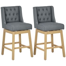 Bar Height Bar Stools Set of 2, 180 Degree Swivel Barstools with Solid Wood Footrests and Button Tufted Design