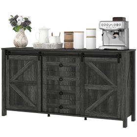 60" Buffet Cabinet, Farmhouse Sideboard with Sliding Barn Doors, Drawers and Adjustable Shelves, Distressed Dark Gray