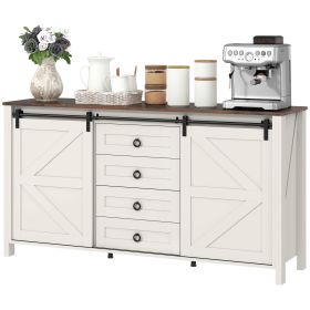 60" Buffet Cabinet, Farmhouse Sideboard with Sliding Barn Doors, Drawers and Adjustable Shelves, Distressed Cream White
