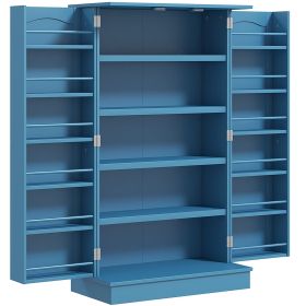 Freestanding Kitchen Pantry Cabinet, Kitchen Cabinet with 12 Door Shelves, Double Doors, 5-tier Shelving, Blue
