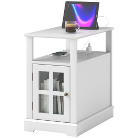 Narrow Side Table End Table with Charging Station, USB Ports, Modern End Table with Storage for Living Room, White