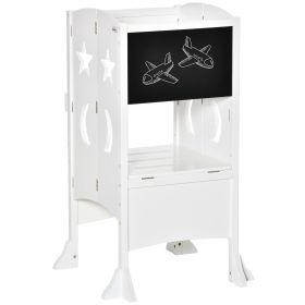 2 in 1 Kids Foldable Kitchen Step Stool, Toddler Standing Tower with Chalkboard and Lockable Handrail for Children 3-6 Years Old, White