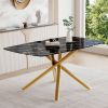 63"x35.4" Luxurious Black Marble-Patterned Tempered Glass Dining Table.Single Fork Golden Metal Table Legs.Tempered Glass Table Top
