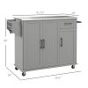 Moveable Kitchen Island with Storages, Movable Kitchen Cart w/ 3 Cabinets & Stainless Steel Countertop, Elegant Storage Trolley for Dining, Gray