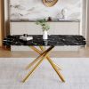 63"x35.4" Luxurious Black Marble-Patterned Tempered Glass Dining Table.Single Fork Golden Metal Table Legs.Tempered Glass Table Top