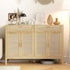 Kitchen Sideboard Cabinet, Boho Entryway Cabinet with Decorative Rattan Doors and Drawers for Dining Room, Oak