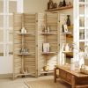 5 Panel 67" Tall Wood Privacy Screen Room Divider with 3 Shelves and Folding Storage for Bedroom, Natural Wood