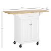 Kitchen Island with Drop Leaf Trolley Cart on Wheels Drawer Cabinet Towel Racks Versatile Use Natural Wood Top and White