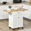 Kitchen Island with Drop Leaf Trolley Cart on Wheels Drawer Cabinet Towel Racks Versatile Use Natural Wood Top and White