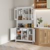 Freestanding Rustic Buffet with Hutch, Kitchen Pantry Cabinet, Microwave Stand with Beadboard Panel, Drawer and Adjustable Shelves, White
