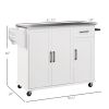 Rolling Kitchen Island with Stainless Steel Countertop, Drawer, 3 Cabinets, Spice & Towel Rack, White