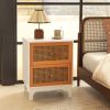 1PC Boho Accent Table Nightstand with 2 Handwoven Rattan Decorated Drawers with Gold Knobs