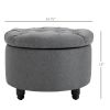 Storage Ottoman Bench Round Button Tufted Linen-touch Grey for Living Room Bedroom