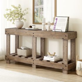 U_Style 62.9" Vintage Entryway Table - Fir Solid Wood with Natural Grain, 6 Reinforced Legs & 4.5" Thick Desktop (Color: as Pic)