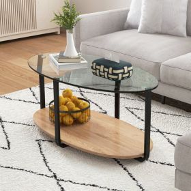 2-Tier Glass-Top Oval Coffee Table with Wooden Shelf for Living Room (Color: Brown)