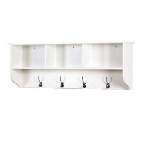 White Entryway Wall Mounted Coat Rack with 4 Dual Hooks Living Room Wooden Storage Shelf (Material: MDF, Color: White)