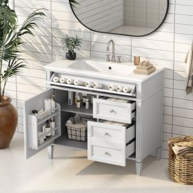 36'' Bathroom Vanity with Top Sink, Modern Bathroom Storage Cabinet with 2 Drawers and a Tip-out Drawer, Single Sink Bathroom Vanity (Material: Solid Wood+MDF+Resin, Color: White)