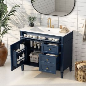 36'' Bathroom Vanity with Top Sink, Modern Bathroom Storage Cabinet with 2 Drawers and a Tip-out Drawer, Single Sink Bathroom Vanity (Material: Solid Wood+MDF+Resin, Color: Blue)