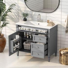 36'' Bathroom Vanity with Top Sink, Modern Bathroom Storage Cabinet with 2 Drawers and a Tip-out Drawer, Single Sink Bathroom Vanity (Material: Solid Wood+MDF+Resin, Color: Grey)